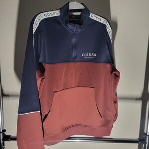 GUESS Men's Navy and Burgundy Colorblock Quarter-Zip Pullover